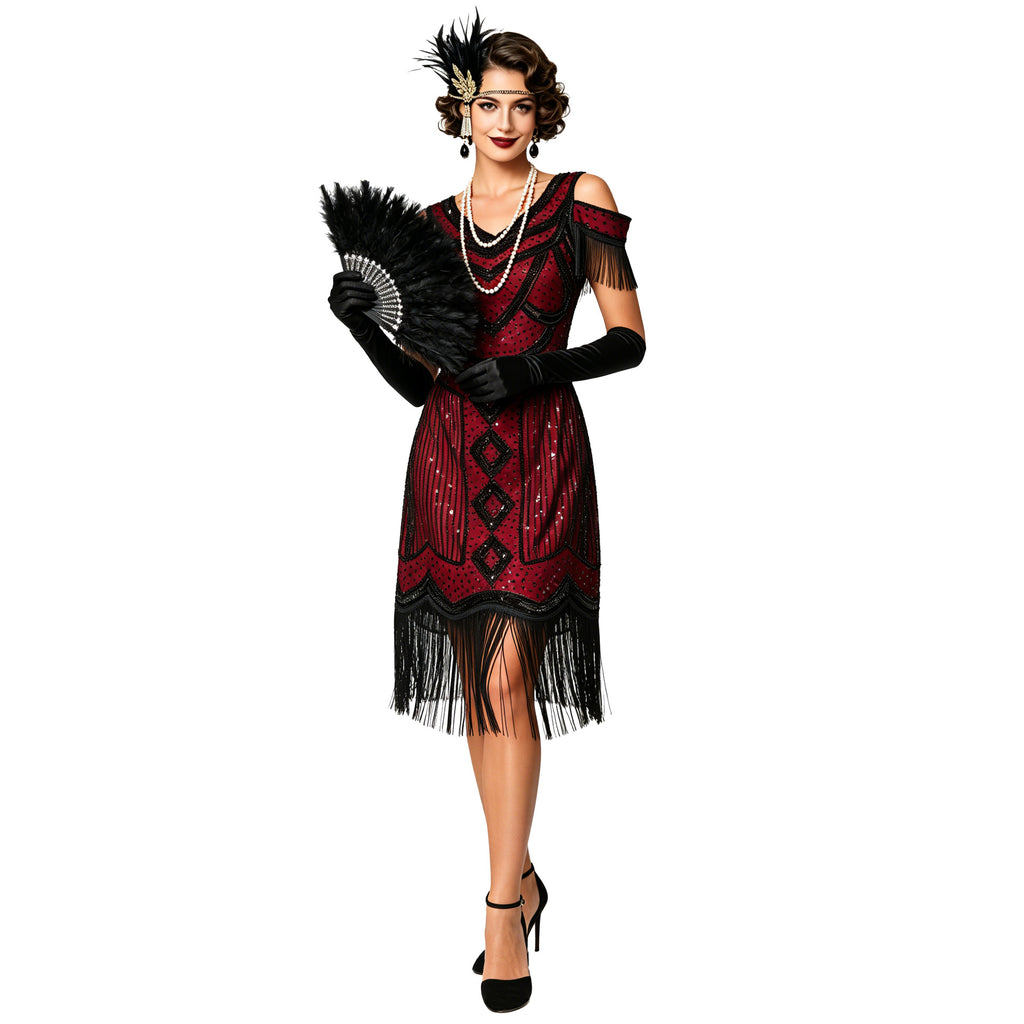 Adult model wearing the Red and Black geometric sequin fringe dress, front view.