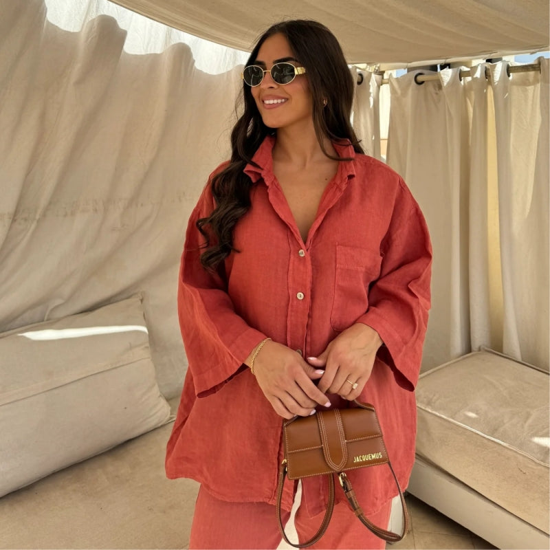 Gallery view 6 of the Resort Ease Set showing the relaxed button-front shirt and matching wide-leg trousers in an available colorway.