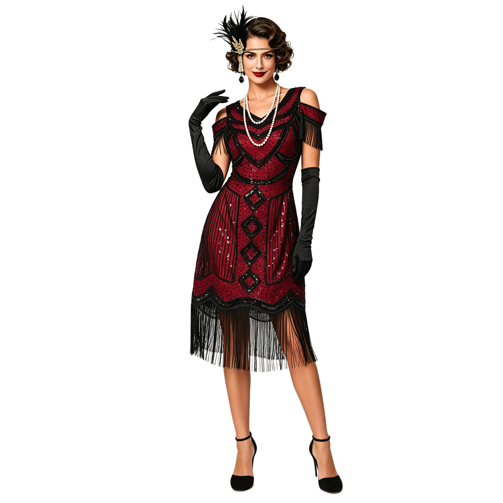 Adult model wearing the Red and Black cold-shoulder fringe dress, alternate front view.