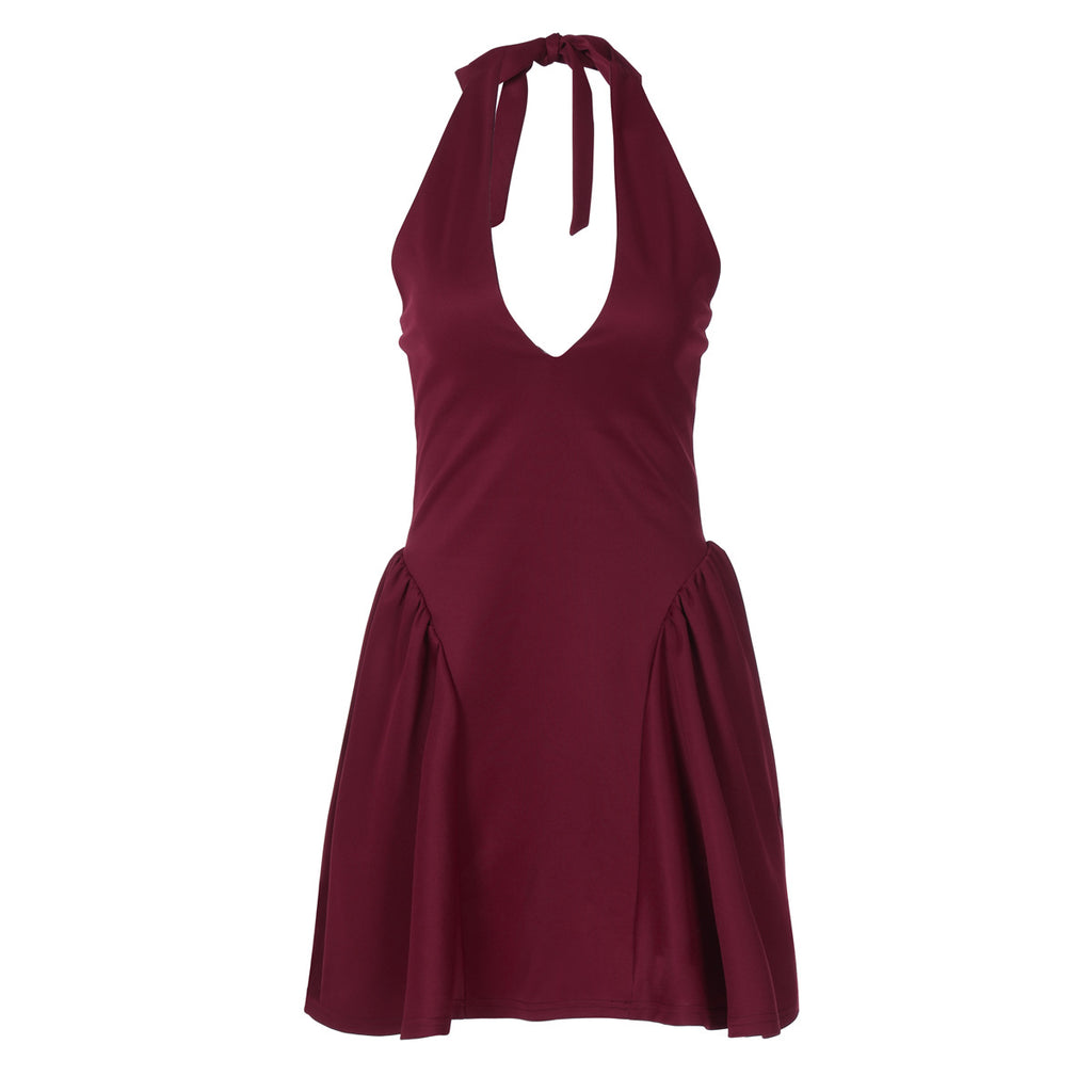 VIP Guest Halter Mini Dress supplier view showing the sleeveless halter V-neck, fitted bodice, open-back construction, and flared mini skirt (supplier image 3).