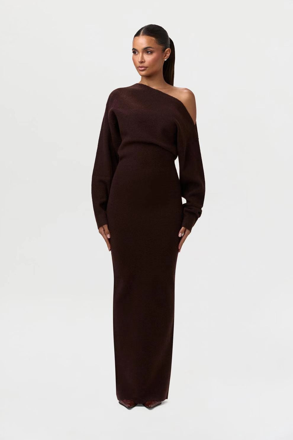 Adult model wearing the coffee Shoulder Kiss Column Dress, full-length front view.