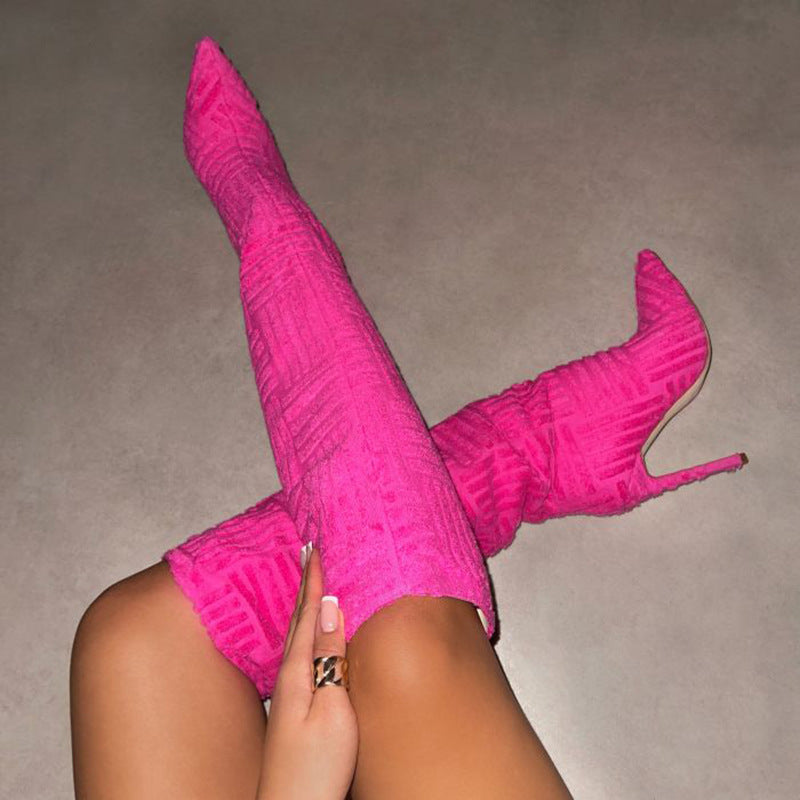 Rose Red Main Character Suede Stiletto Boots worn close up