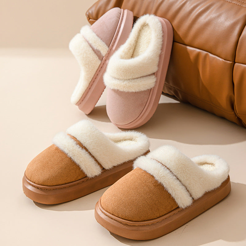 Khaki and Pink platform slippers arranged beside a brown cushion.