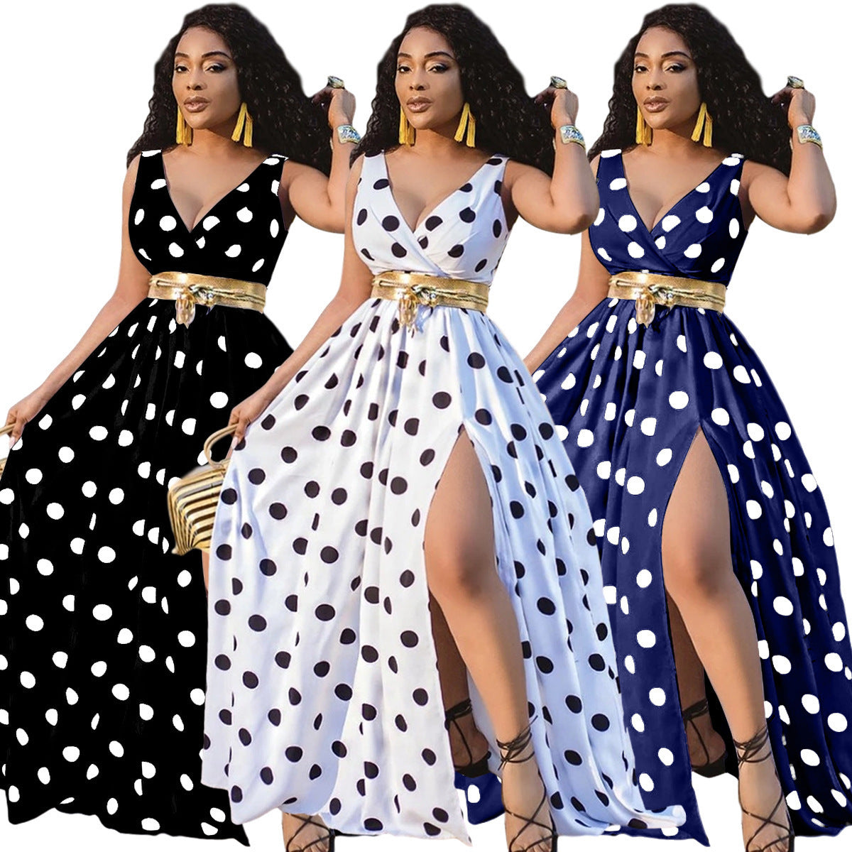 Black, white and blue polka-dot maxi dress comparison; belts shown are styling only.
