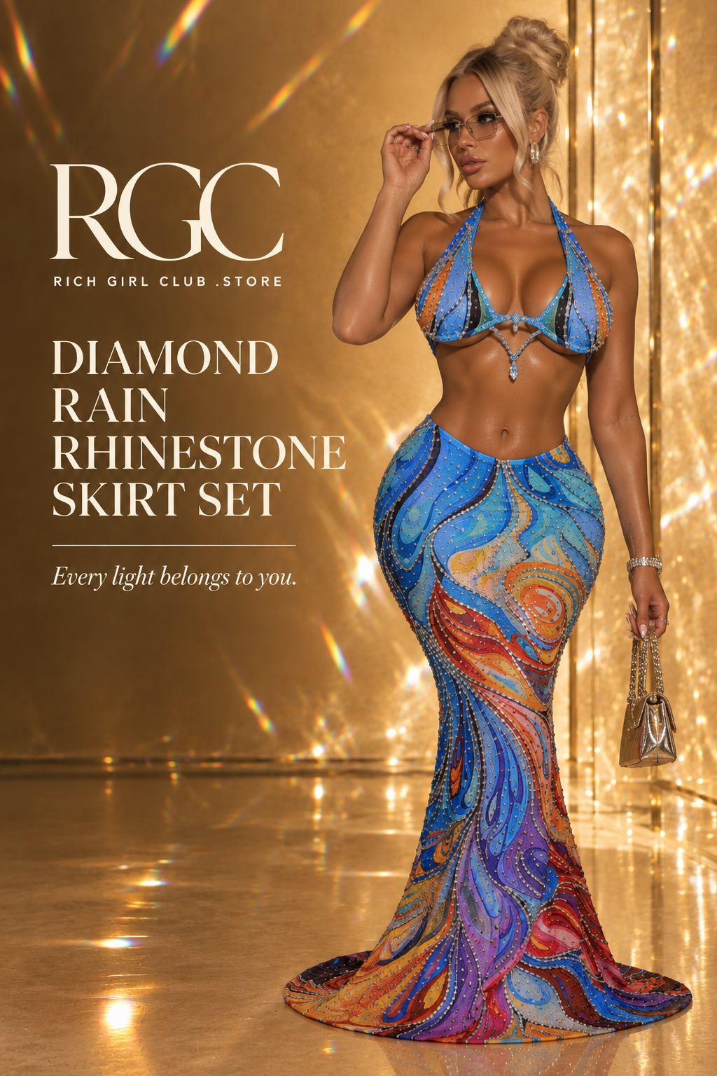 Diamond Rain Rhinestone Skirt Set styled in an RGC campaign view highlighting the jeweled top and long skirt