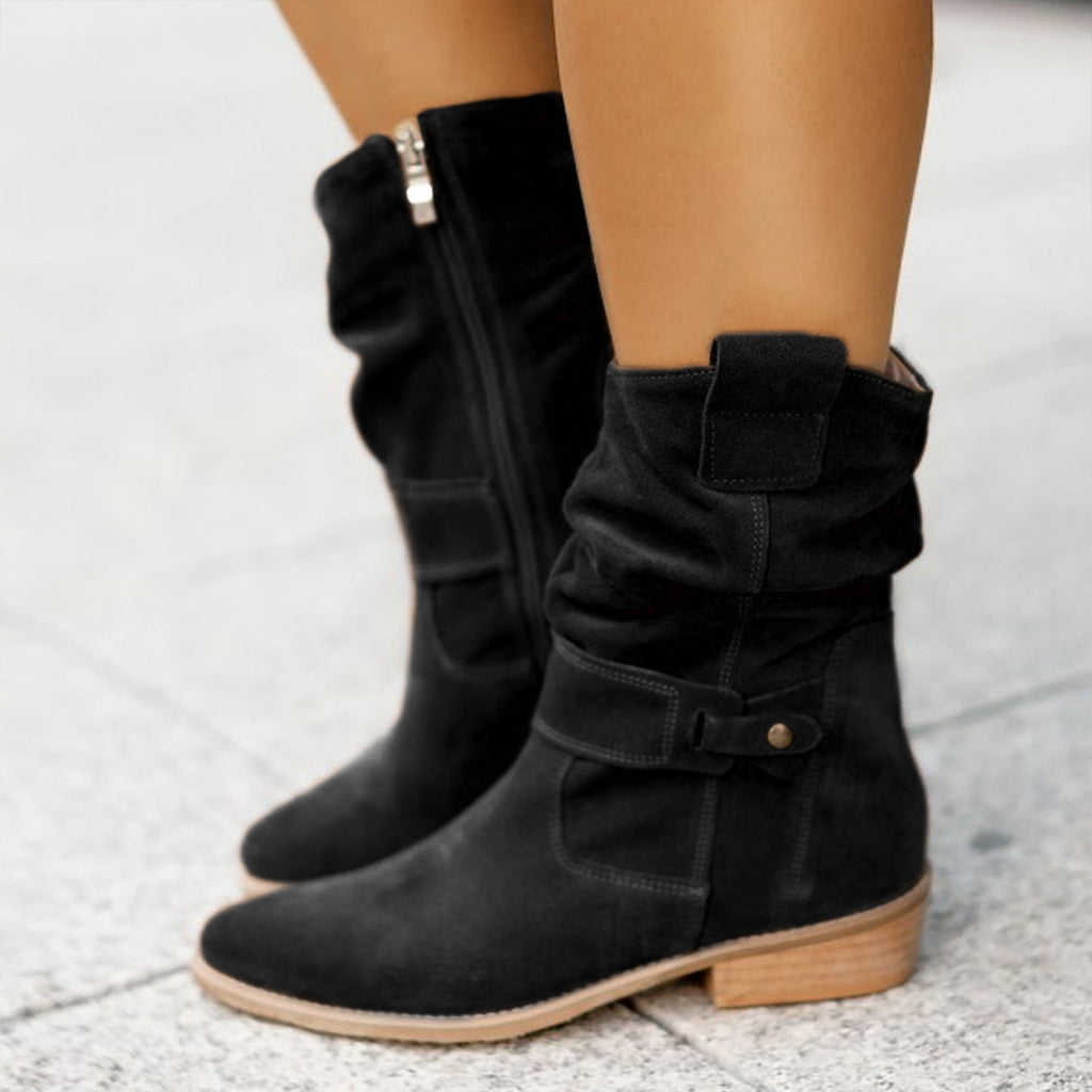 Black Saddle Sway Suede Boots shown in a close product view.