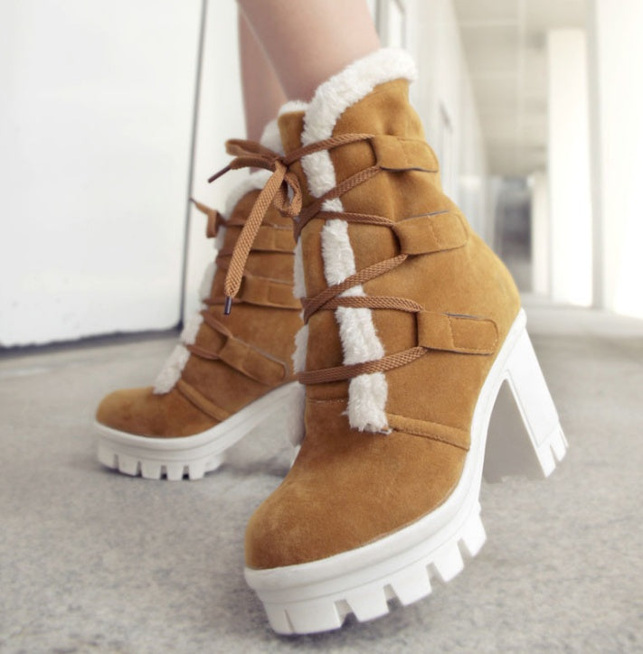 Yellow Cold Front Plush Heel Boots worn close up with white plush trim and chunky heel