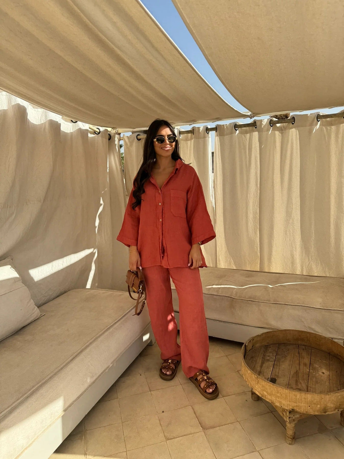 Gallery view 1 of the Resort Ease Set showing the relaxed button-front shirt and matching wide-leg trousers in an available colorway.