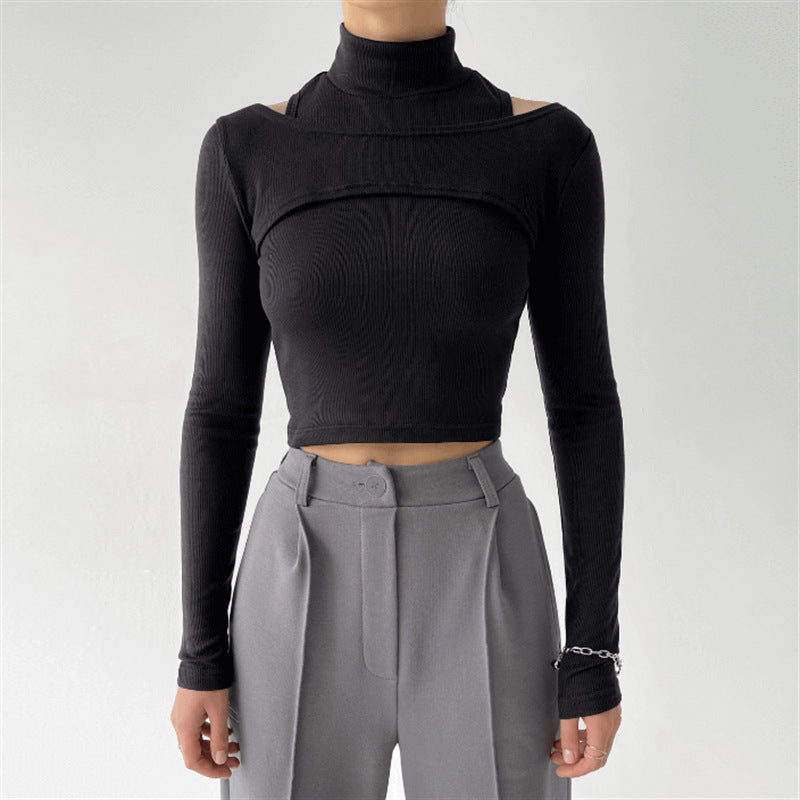 Layered Muse black mock-neck crop top front view