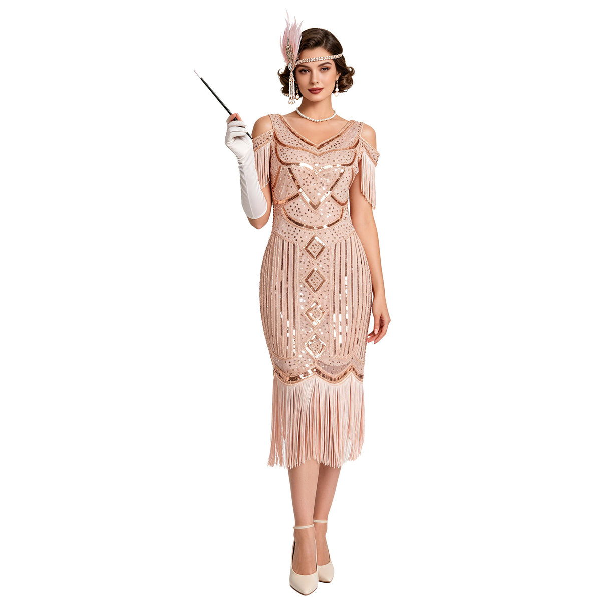 Adult model wearing the Pink geometric sequin fringe dress, front view.