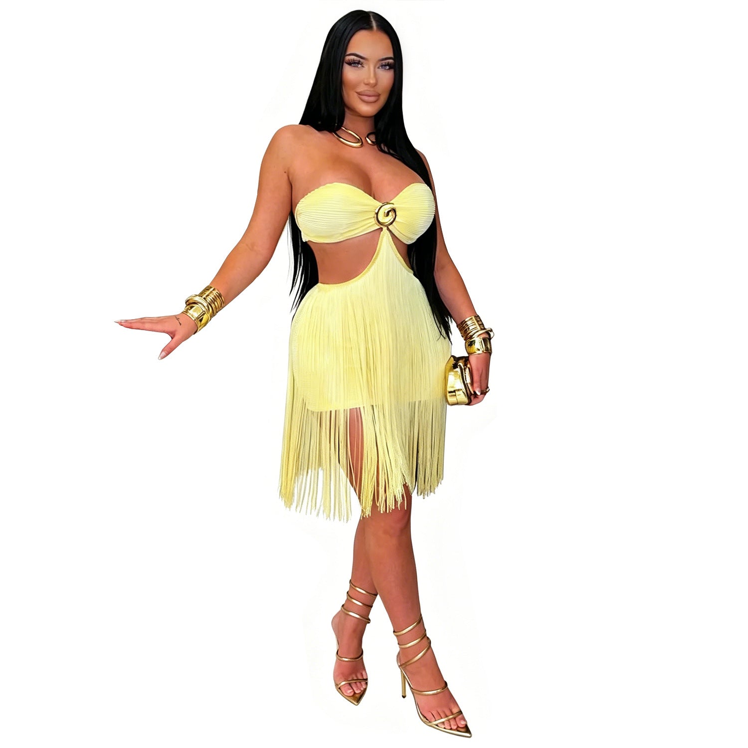 Adult model wearing the yellow Fringe Benefits Mini Dress in a full-length product cutout view.