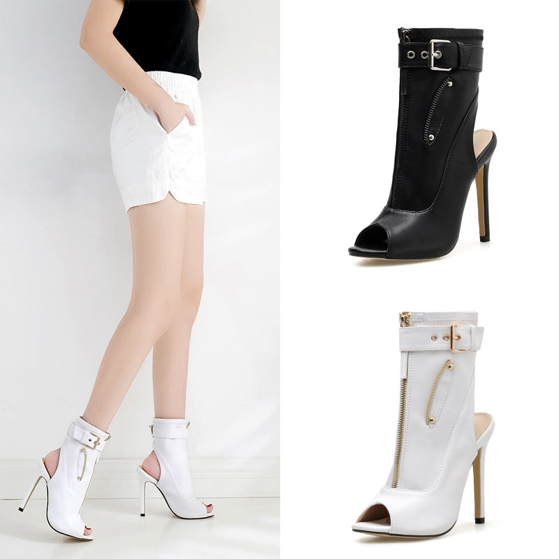 Black and white After Dark Cutout Stiletto Sandals color comparison with on-model white view