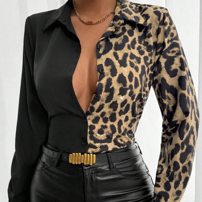 Double Take Colorblock Shirt in Black + Leopard, front view