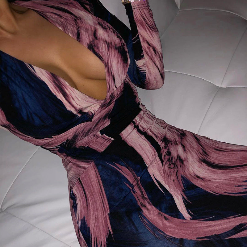 Midnight Muse Printed Midi Dress close-up showing wrap neckline and waist tie