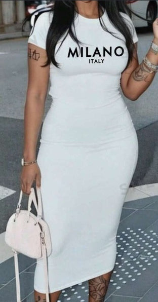 White Jetsetter bodycon midi dress with Milano graphic