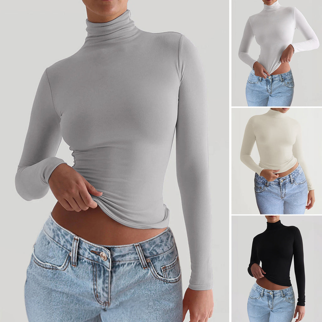 Collage of the fitted long-sleeve turtleneck top in Gray, White, Apricot and Black.