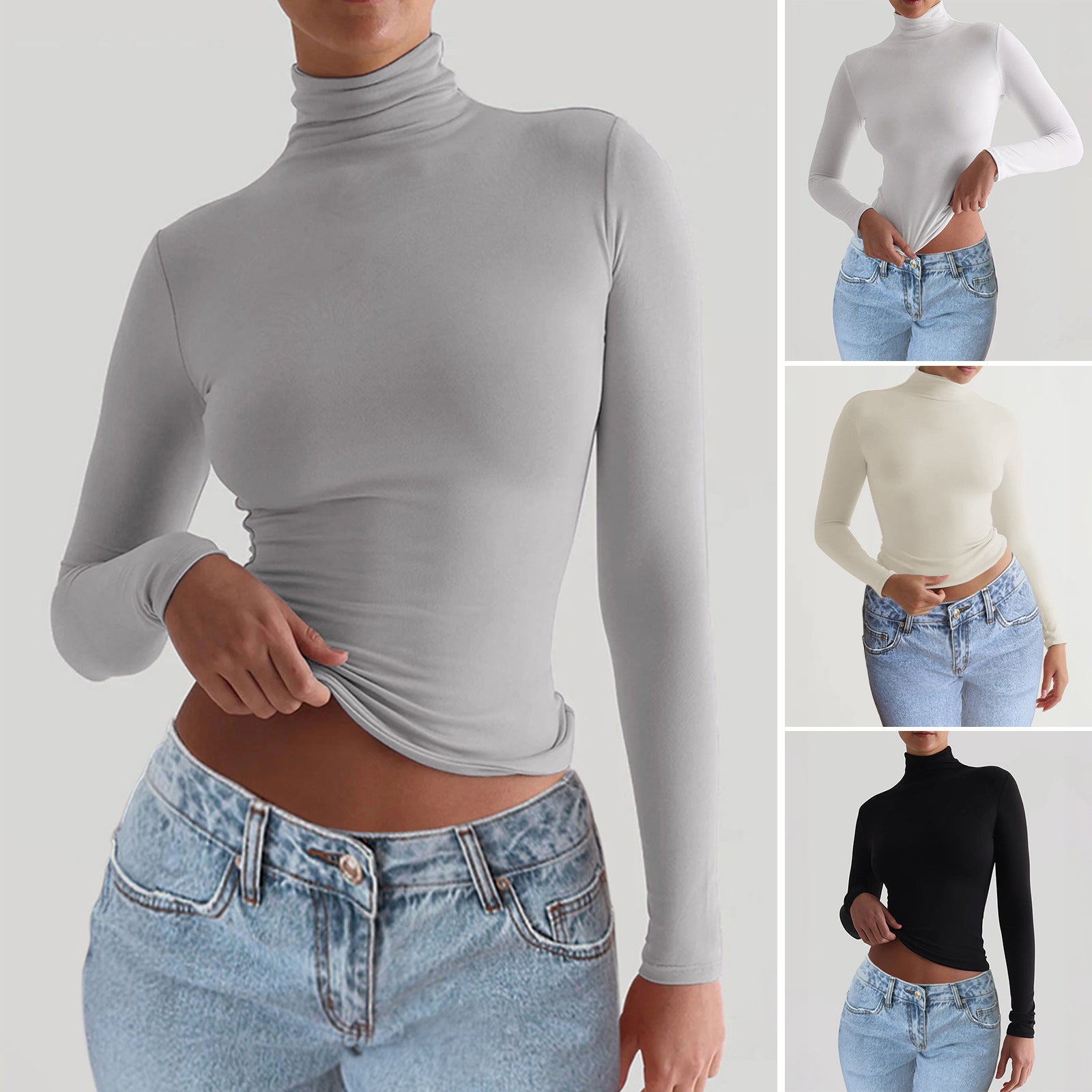 Collage of the fitted long-sleeve turtleneck top in Gray, White, Apricot and Black.