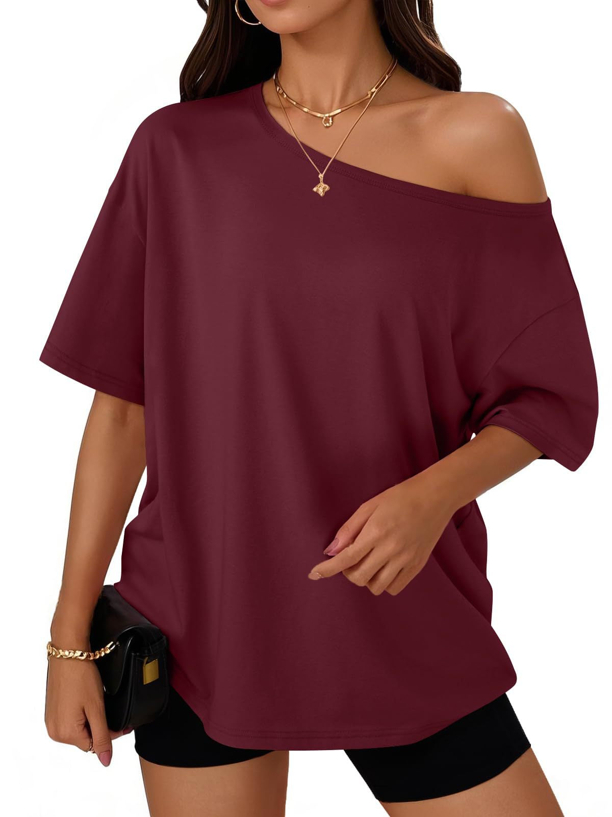 Light neutral Shoulder Kiss tee and shorts set, full outdoor view.