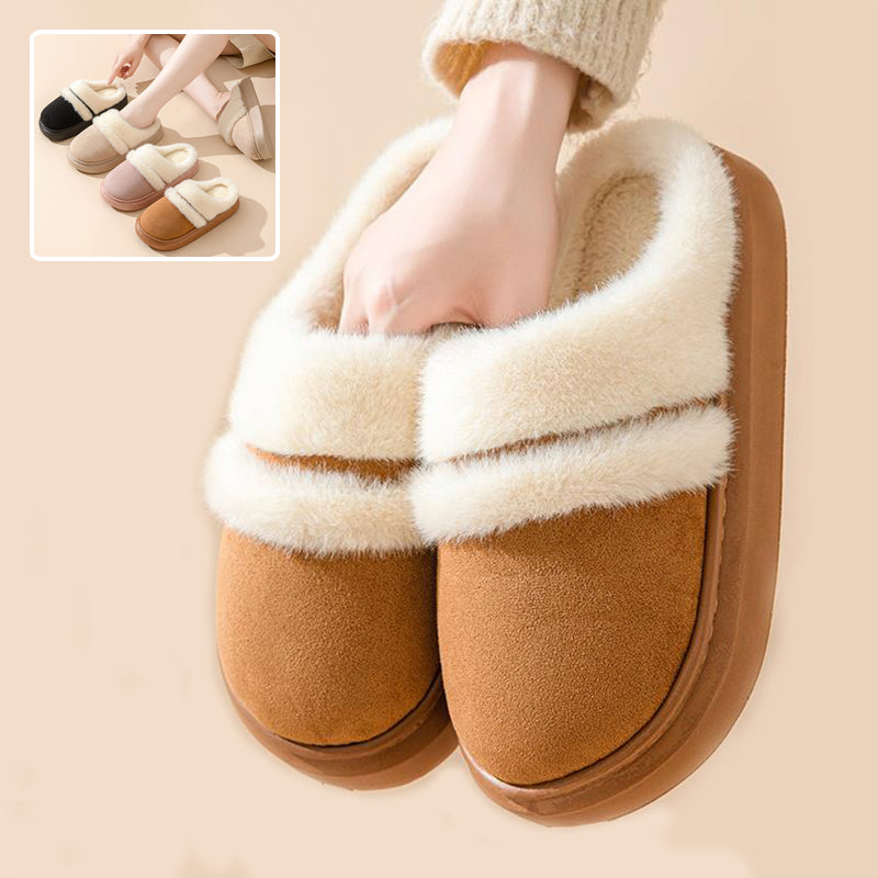 Close view of khaki platform slippers with cream plush cuffs and an inset showing all four colors.