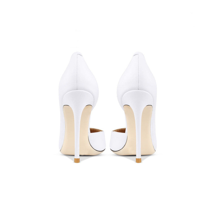 Ivory Authority Cutout Pumps supplier reference view 2 showing white pointed-toe pumps with asymmetrical side cutouts, slim stiletto heels and gold-tone accents