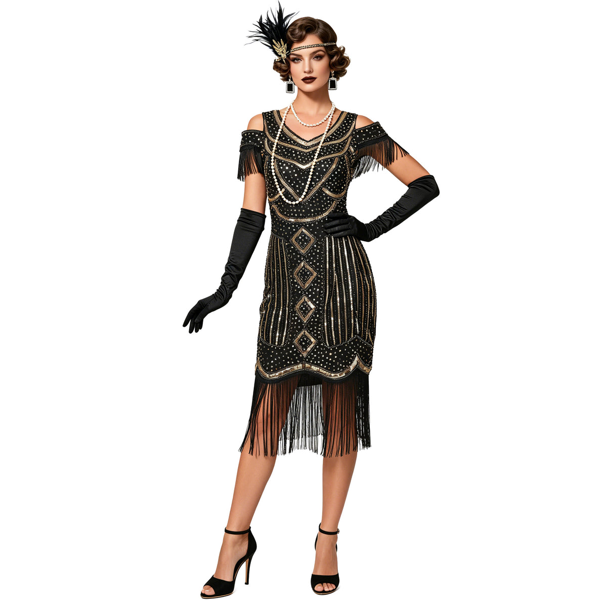 Adult model wearing the Black Gold geometric sequin fringe dress, front view.