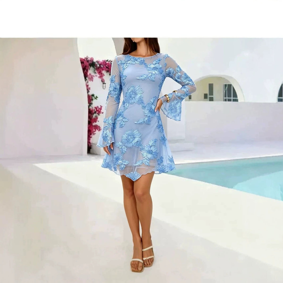 Blue Bloom Fantasy Mini Dress full front view showing the fitted waist and softly flared mini skirt