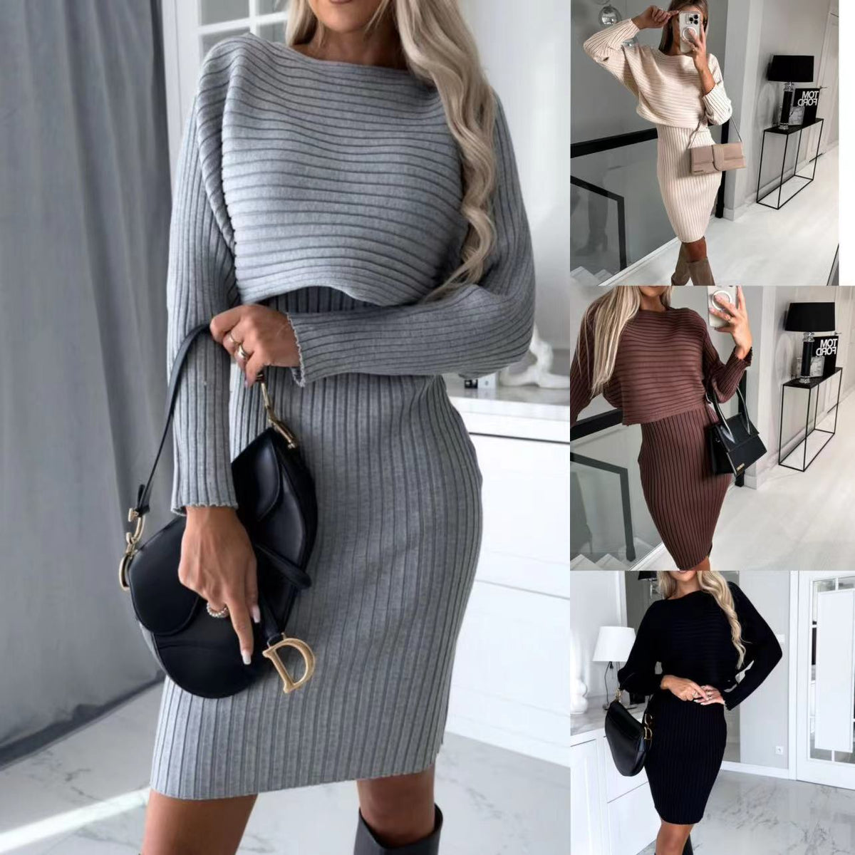 Quiet Luxury Knit Skirt Set view of the coordinated long-sleeve rib-knit sweater and matching mid-length knit skirt (image 1).