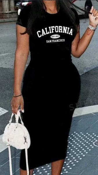 Black Jetsetter bodycon midi dress with California graphic