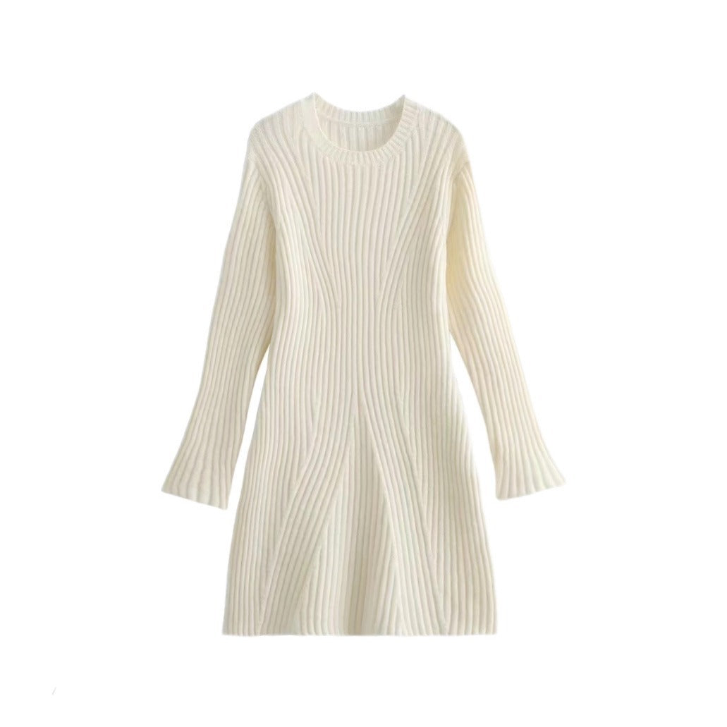 Milky-white ribbed long-sleeve A-line dress shown flat from the front.