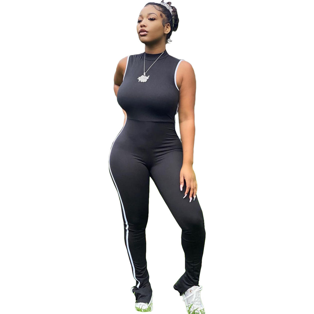 Adult model wearing the black Sculpt Mode striped sleeveless jumpsuit, front view