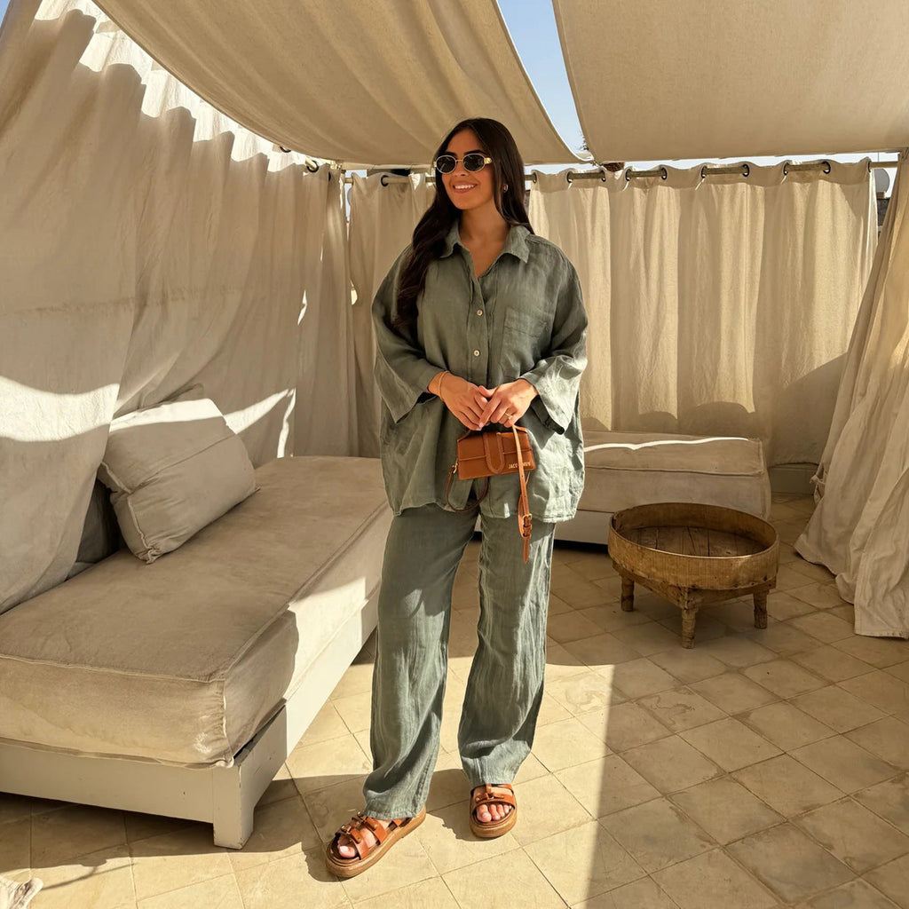 Gallery view 9 of the Resort Ease Set showing the relaxed button-front shirt and matching wide-leg trousers in an available colorway.