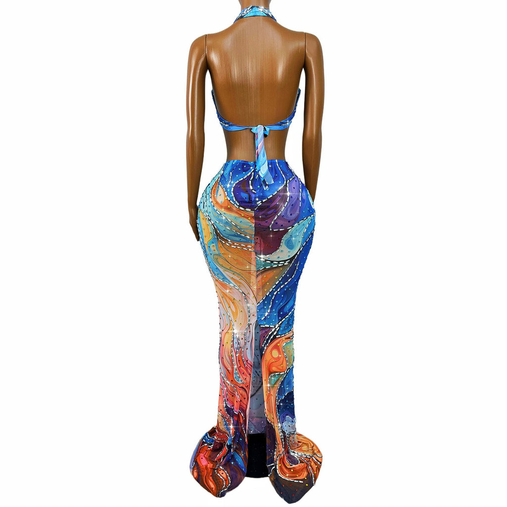 Diamond Rain Rhinestone Skirt Set on a mannequin, full-length back view