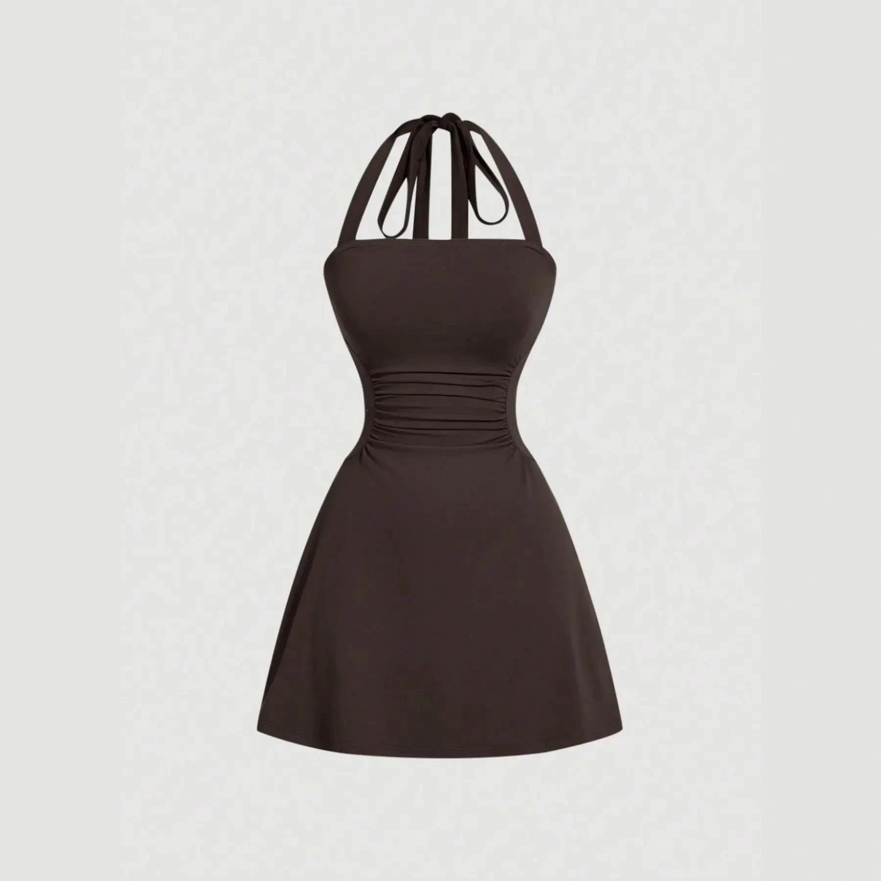 Solid dark-brown A-line mini dress with ruched waist and tie-back halter straps, front product view.