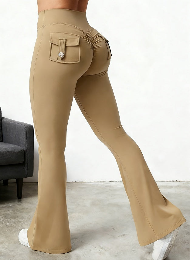 Khaki Curve Cargo Flare Pants shown from the rear three-quarter view.