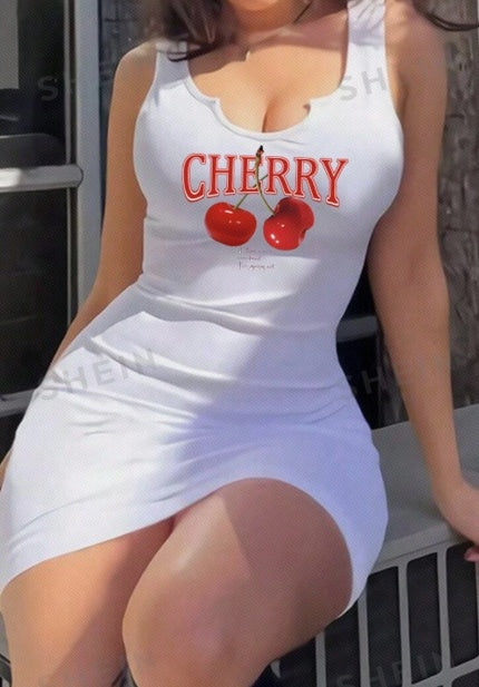 Cherry On Top white sleeveless bodycon mini dress with scoop neckline and cherry graphic