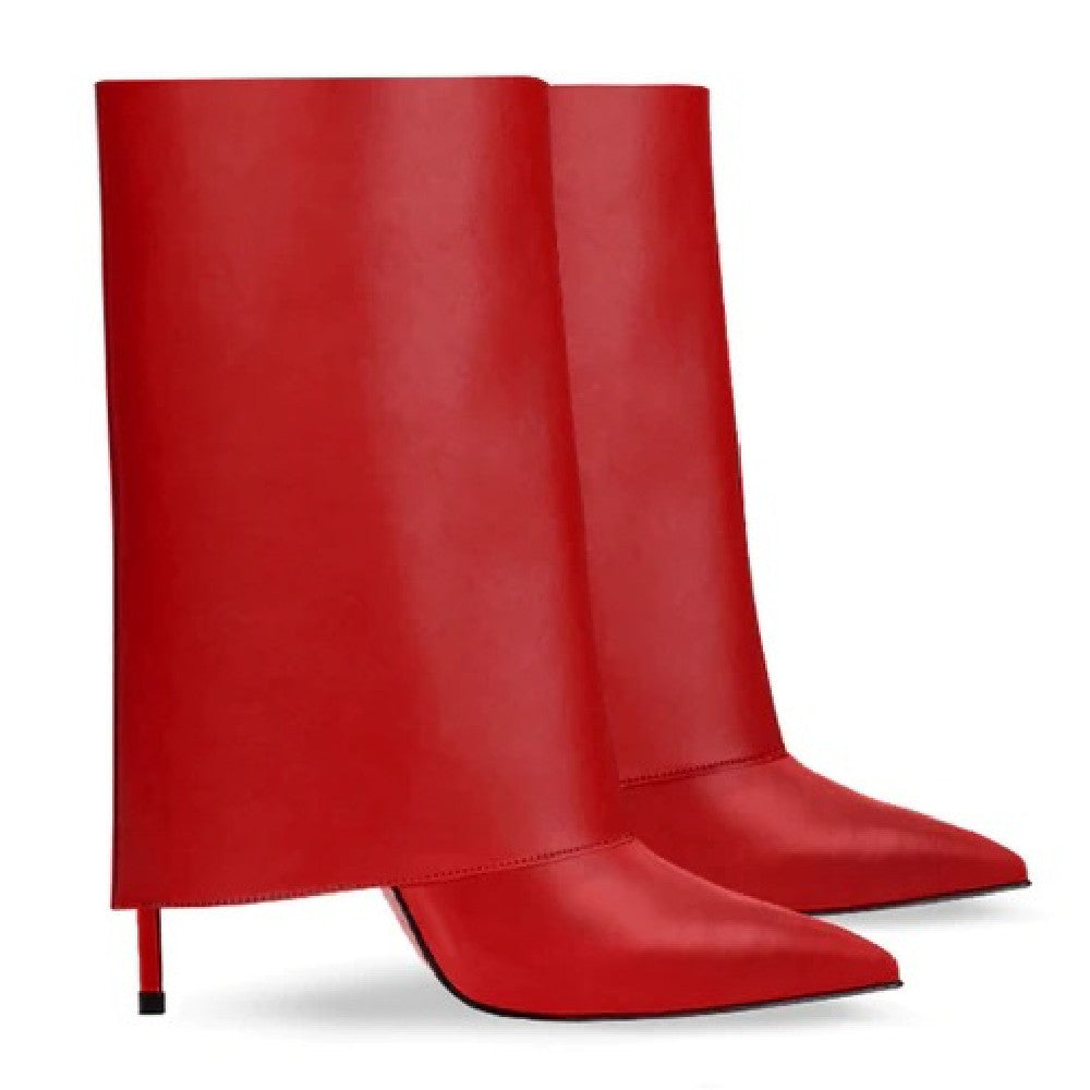 Red leather-look pointed-toe slouch stiletto boots shown as a pair