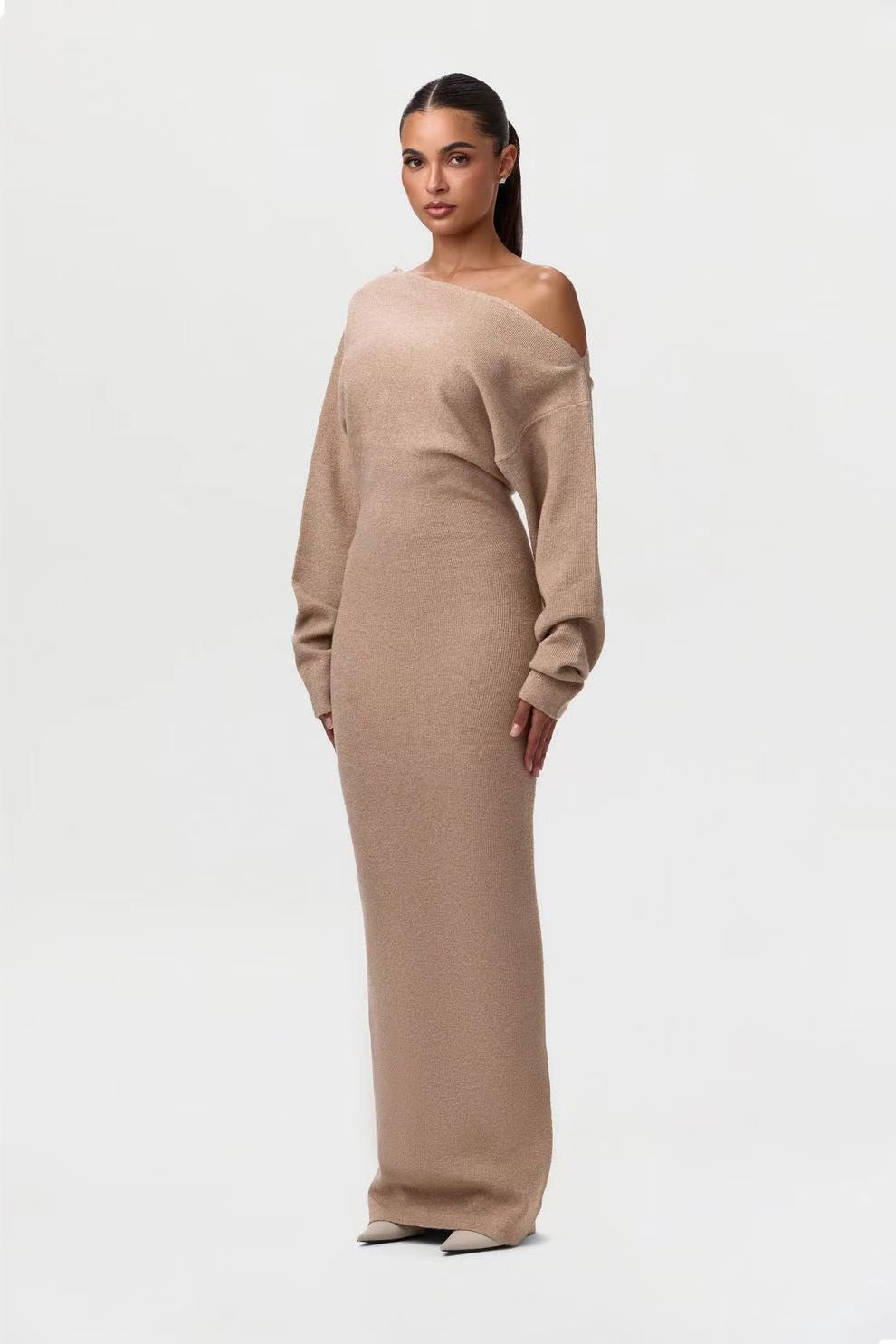 Adult model wearing the apricot Shoulder Kiss Column Dress, front view.