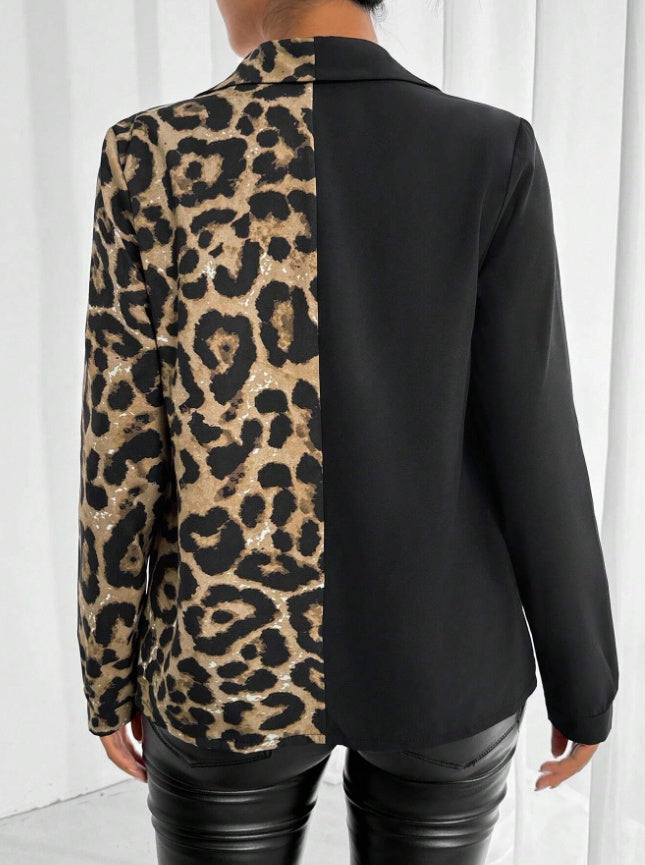 Double Take Colorblock Shirt in Black + Leopard, back view