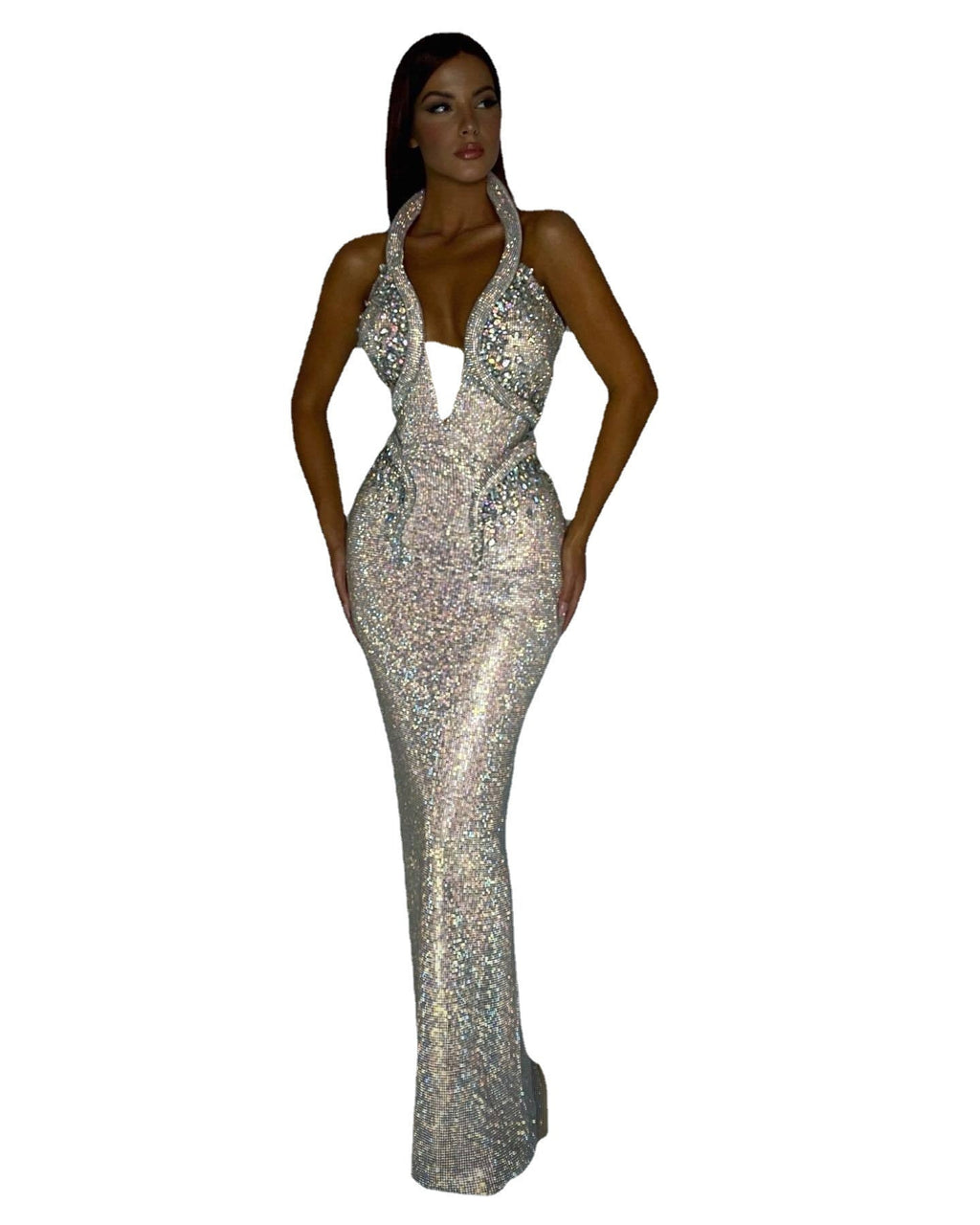 Supplier gallery view 3 of the silver Diamond Hour Sequin Gown showing the halter neckline and deep front plunge.