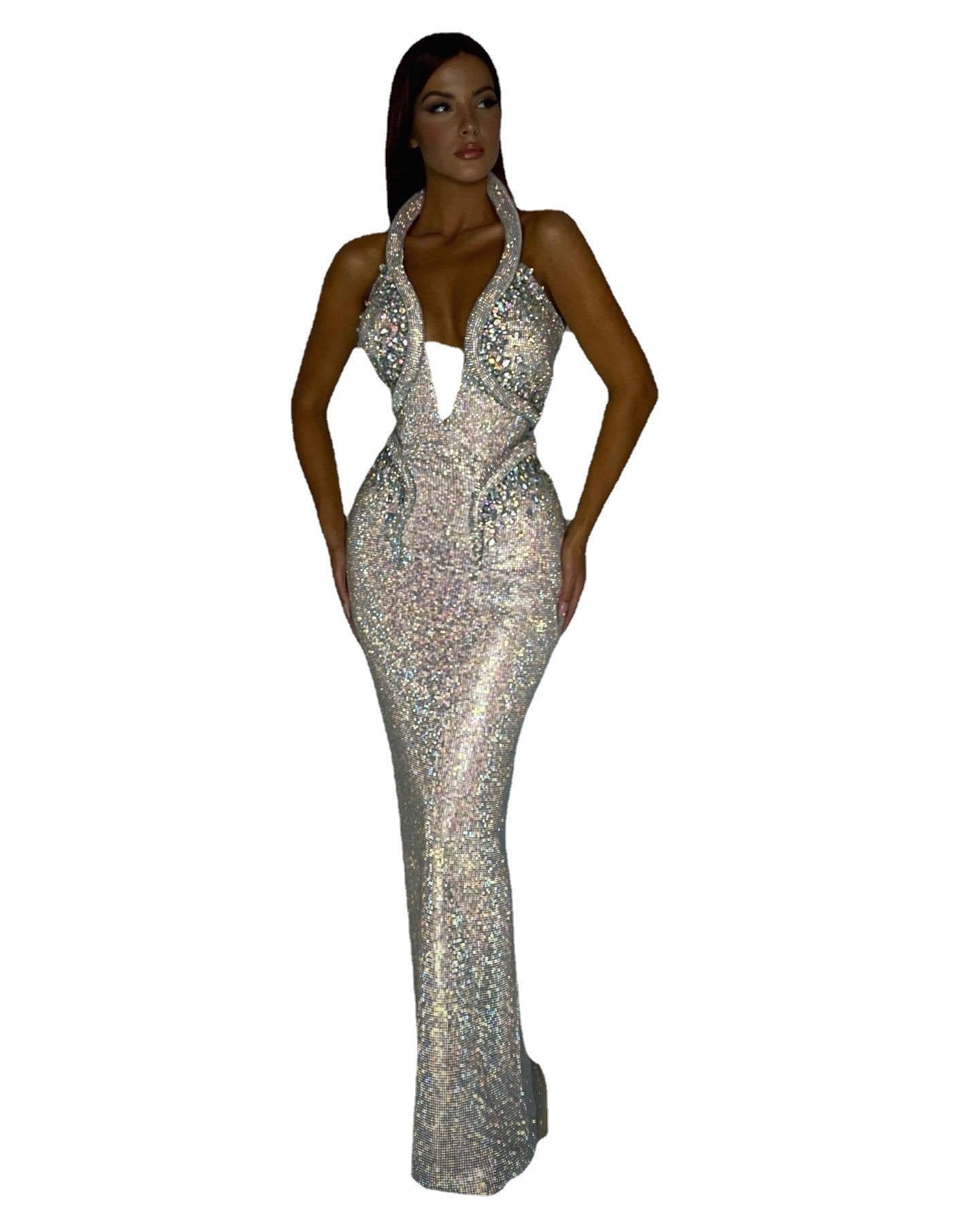 Supplier gallery view 3 of the silver Diamond Hour Sequin Gown showing the halter neckline and deep front plunge.