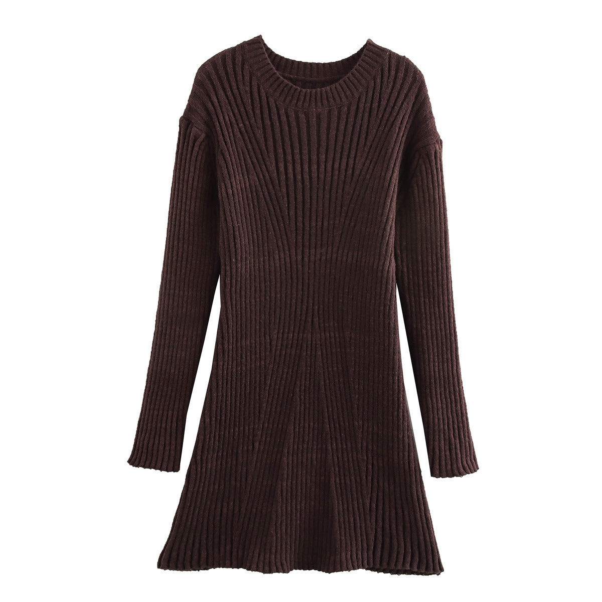 Coffee-brown ribbed long-sleeve A-line dress shown flat from the front.