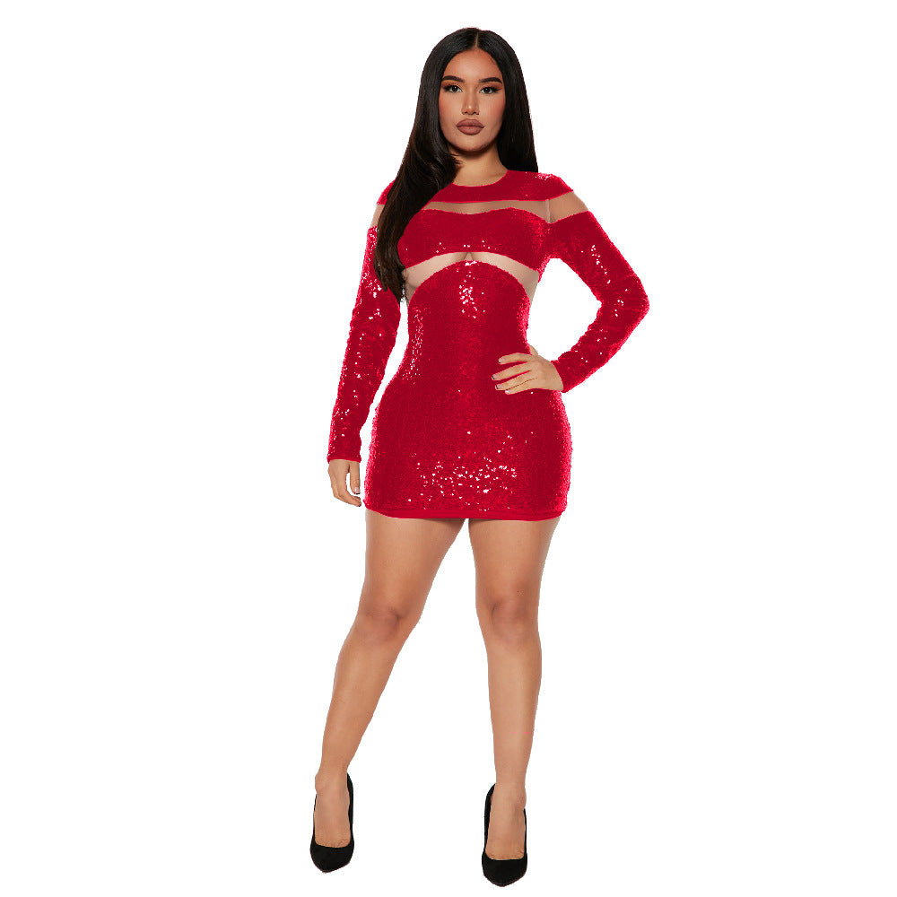 Midnight Spotlight Sequin Mini Dress full-length front view in red