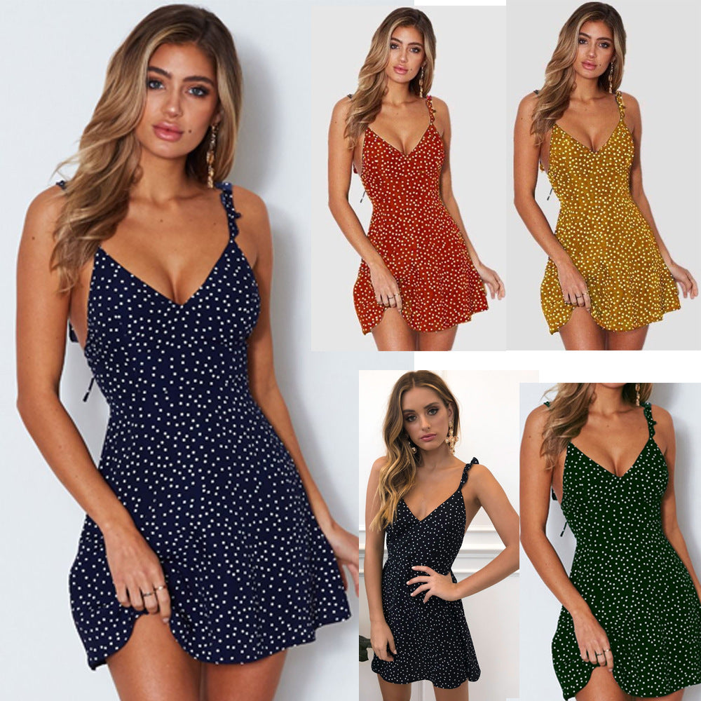 Collage showing adult models wearing dotted sundresses in dark blue, red, yellow, black and green.