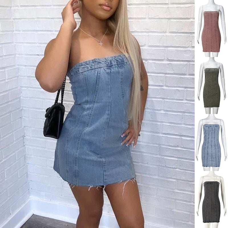 Penthouse Denim Tube Mini Dress supplier image 1 showing garment color and construction