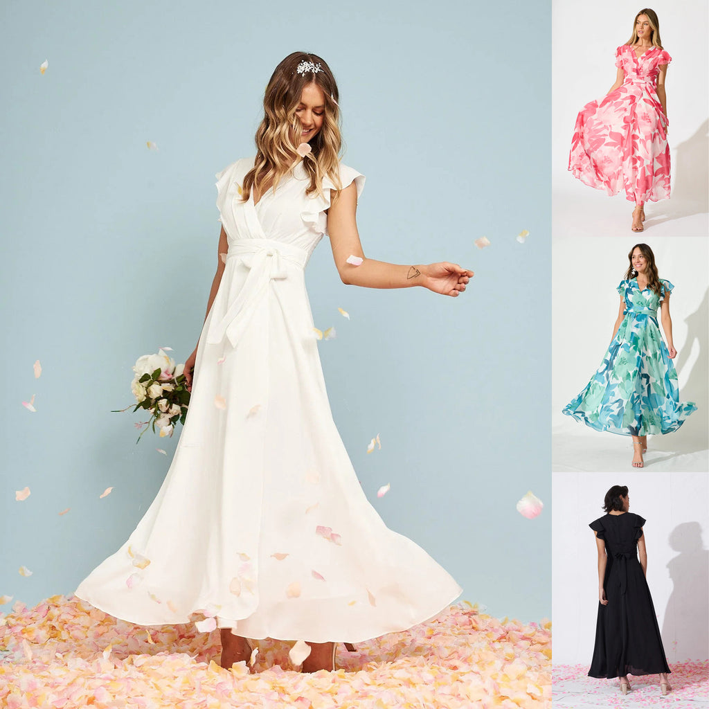 Petal Waltz maxi dress color overview in White, Peach botanical, Light Blue botanical, and Black