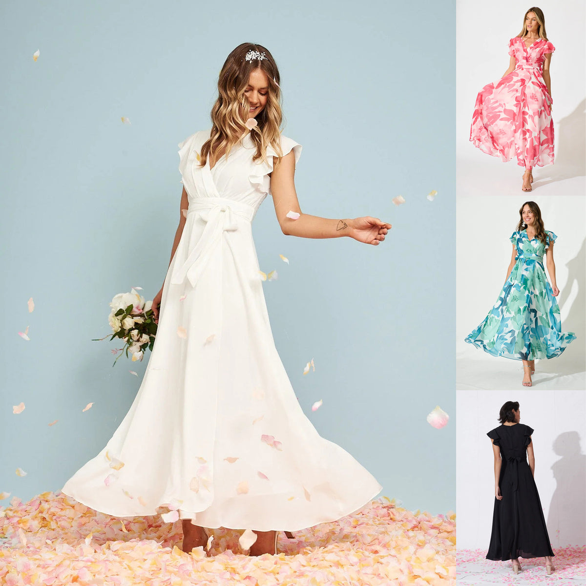 Petal Waltz maxi dress color overview in White, Peach botanical, Light Blue botanical, and Black