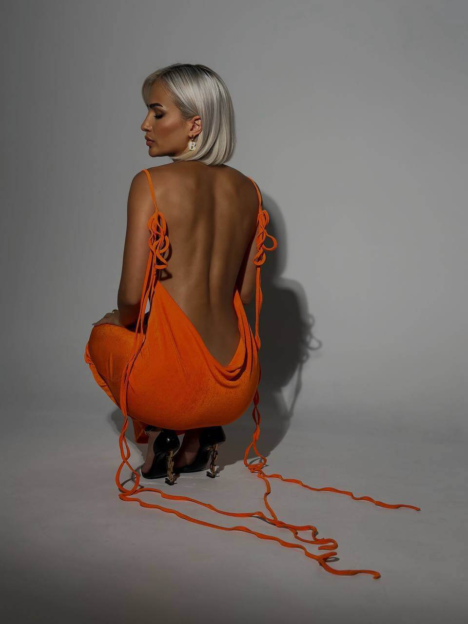 Penthouse Lace-Up Backless Maxi Dress supplier rear view showing the long back ties