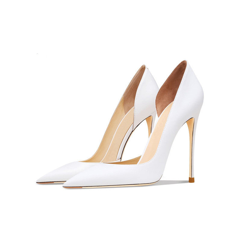 Ivory Authority Cutout Pumps supplier reference view 1 showing white pointed-toe pumps with asymmetrical side cutouts, slim stiletto heels and gold-tone accents