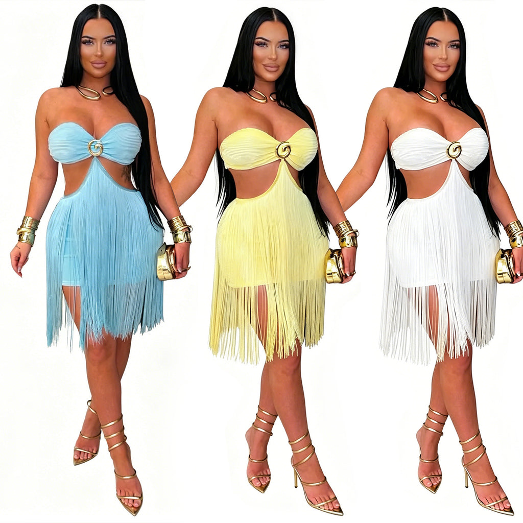 Adult model shown from the front wearing the Fringe Benefits Mini Dress in blue, yellow, and white product views.