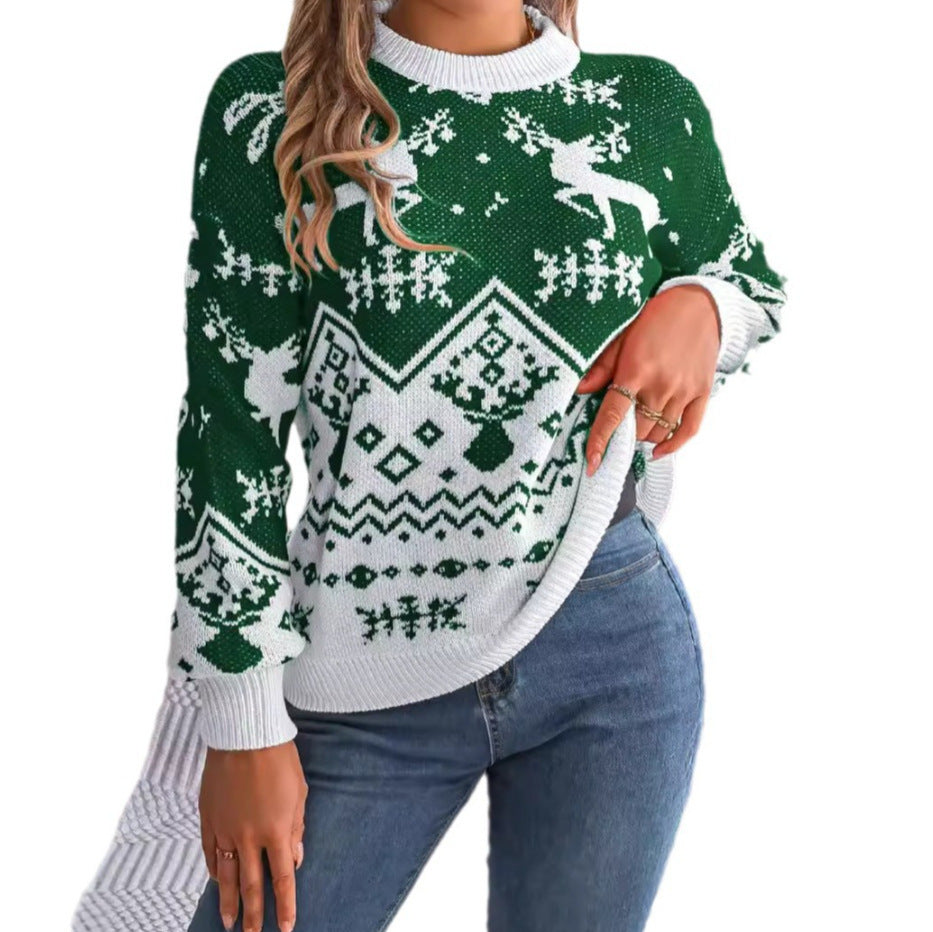 Adult model wearing the green and white Merry Main Character Reindeer Sweater, front view.